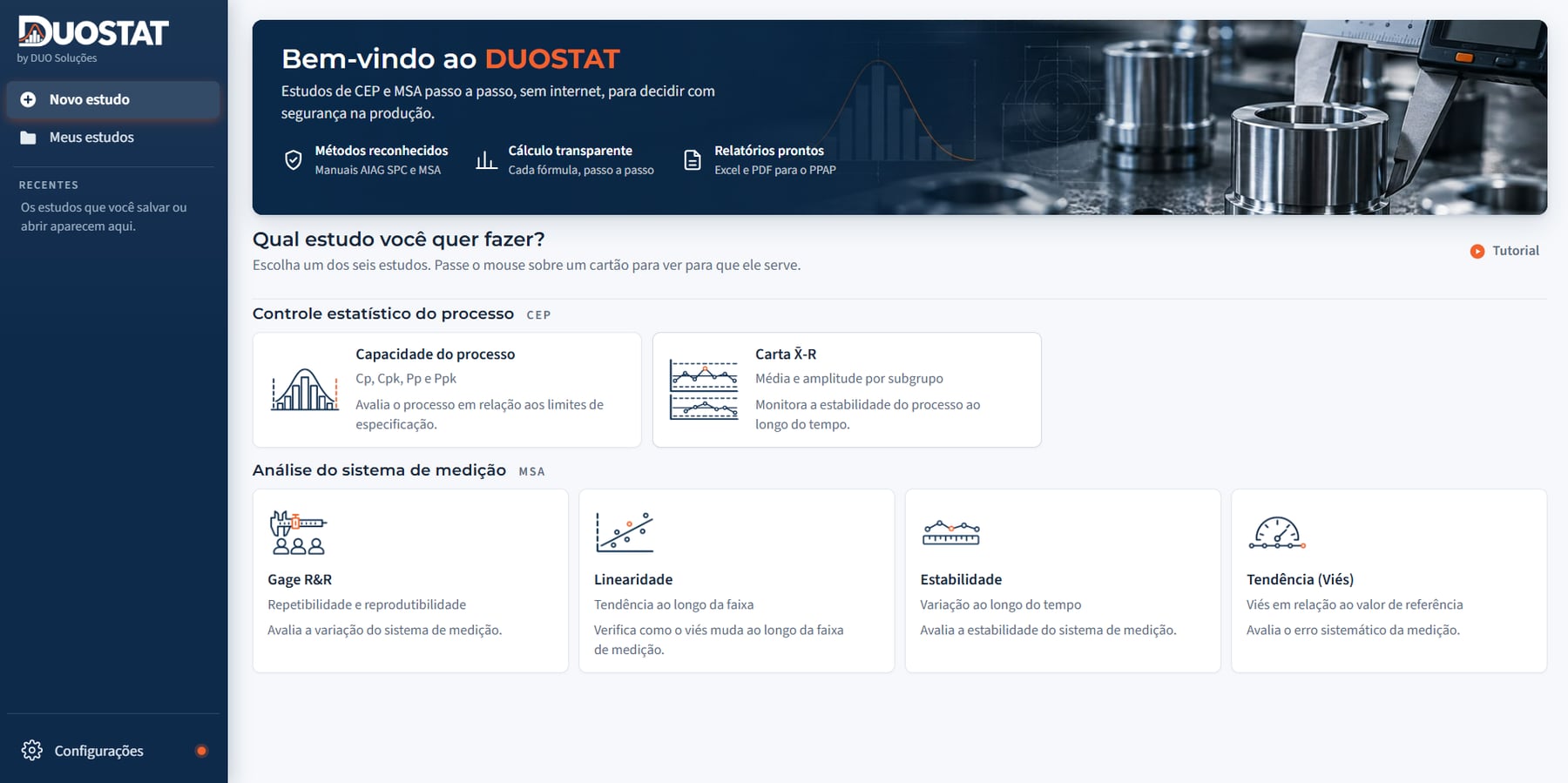 Tela inicial do DUOSTAT com os seis estudos de CEP e MSA